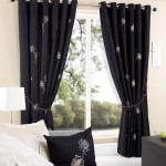 Fabulous Flower Details on Black and White Curtains inside Sitting Room with Grey Sofa and Fluffy Cushions