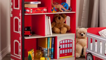 Fabulous Red Wall and White Shelves in Pottery Barn Dollhouse Bookshelves Kids on Wooden Flooring