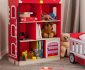 Fabulous Red Wall and White Shelves in Pottery Barn Dollhouse Bookshelves Kids on Wooden Flooring