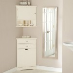 Fabulous White Corner Bathroom Cabinet beside Silver Framed Wall Mirror on Grey Wall