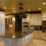 Fantastic Metal Chandelier for Tuscan Kitchen Design Ideas with White Island and Counter near Tile Backsplash