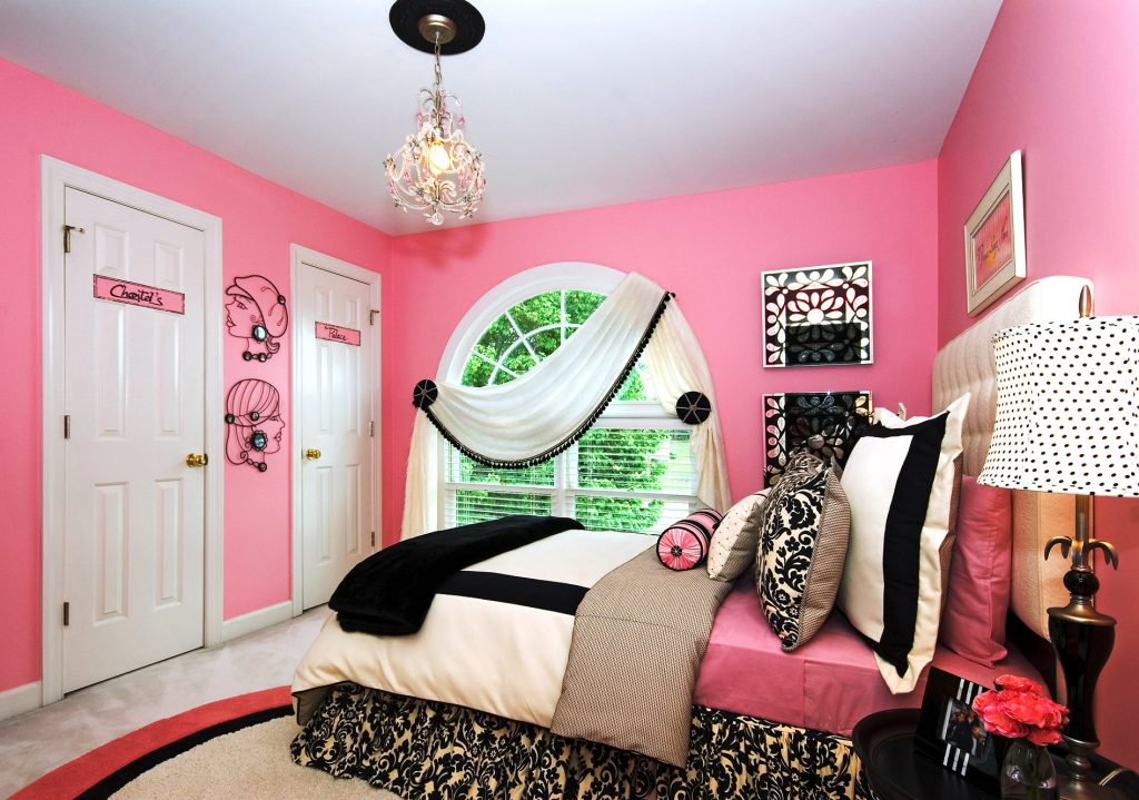 Fantastic Pink Painted Wall and White Doors facing Wide Bed in Alluring Pink Bedroom Ideas for Girls