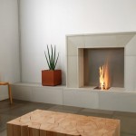 Fascinating Log Table facing Contemporary Fireplace Design Ideas near Simple Oak Chair on Grey Flooring