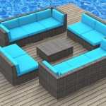 Fascinating Pool Side Wooden Deck with Wicker Blue Deck Furniture in Simple Design