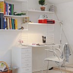 Fascinating White Floating Bookshelves on White Wall beside Simple File Cabinet for Small Workspace Designs