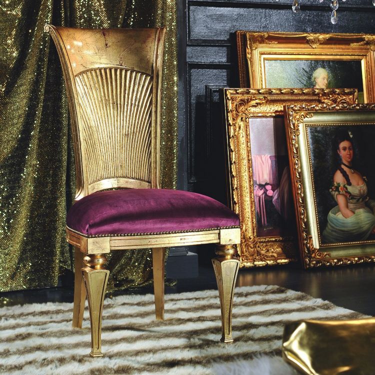 Fluffy Purple Lather Seat on Antique Wooden Chair Designs in Golden Surface for Gorgeous Room