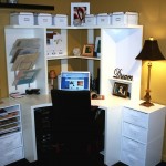 Gorgeous Black Shaded Tale Lamp on White File Cabinet in Small Workspace Designs with Black Chair
