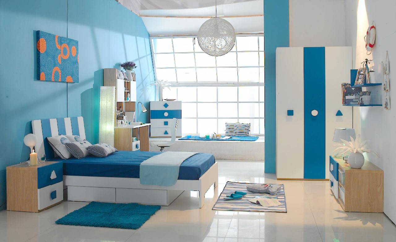 Gorgeous Kid Bedroom using Blue Interior Design Ideas with White Bed and Blue Bedding facing Stylish Dresser