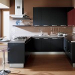 Innovative Details in Small Modern Kitchen Design Ideas with Modern Stools and Black Counter on Oak Flooring