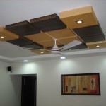Innovative Fall Ceiling Designs with Oak Panels and White Ceiling Fan for Appealing Room