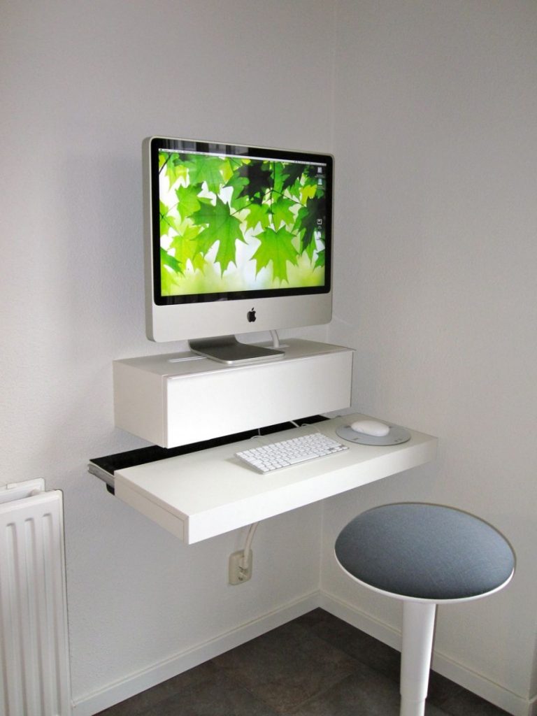 Innovative Floating White Computer Desk Ideas for Small Spaces with Round Stool near White Painted Wall