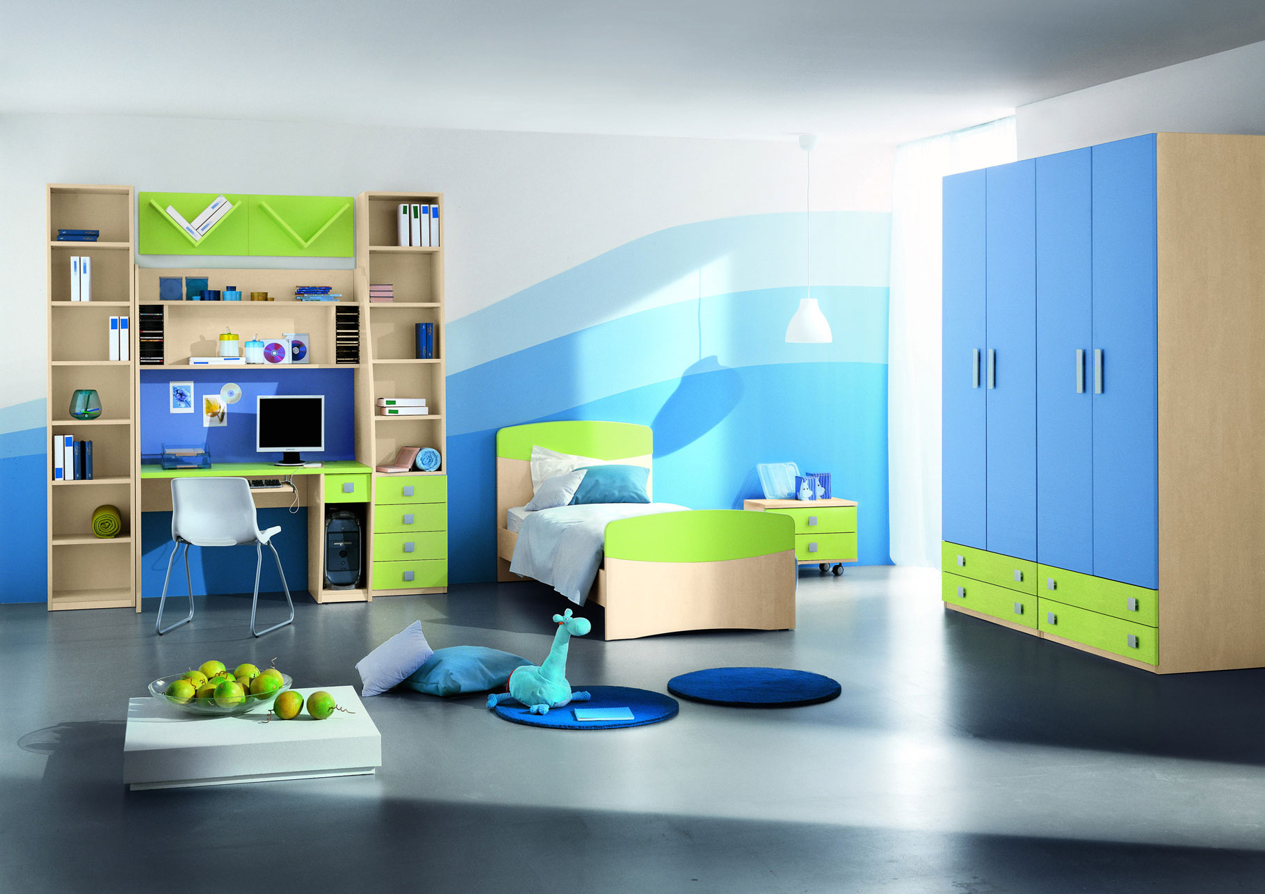 Innovative Green and Blue Interior Design Ideas for Kid Bedroom with Single Bed and Wonderful Study Space