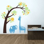 Innovative Interior for Kid Bedroom with Oak Bed on Teak Flooring beside Lovely Animal Wall Decal