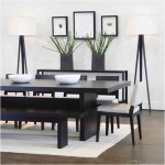 Interesting Floor Lamps facing Contemporary Dining Table Ideas in Dark Color and Long Bench