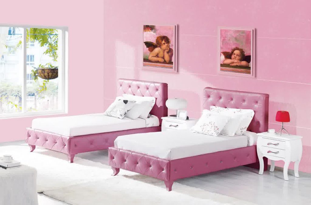 Interesting Pink Tufted Bed and White Bedding between White Nightstands in Pink Bedroom Ideas for Girls