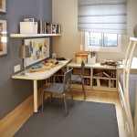Interesting Small Workspace Designs for Kids Room with White Table and Grey Chairs near Simple Bookshelves