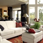 Interesting White Sofas and Ottoman on Flowery Carpet inside Comfortable Living Room Ideas with Small Side Tables