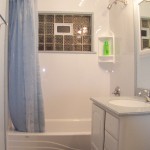 Lovely Blue Curtain for White Bathtub in Small Bathroom Design Ideas with Grey Vanity