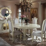 Luxurious Chandelier above White Table and Chairs inside Traditional Dining Room Design Ideas with Vintage Carpet