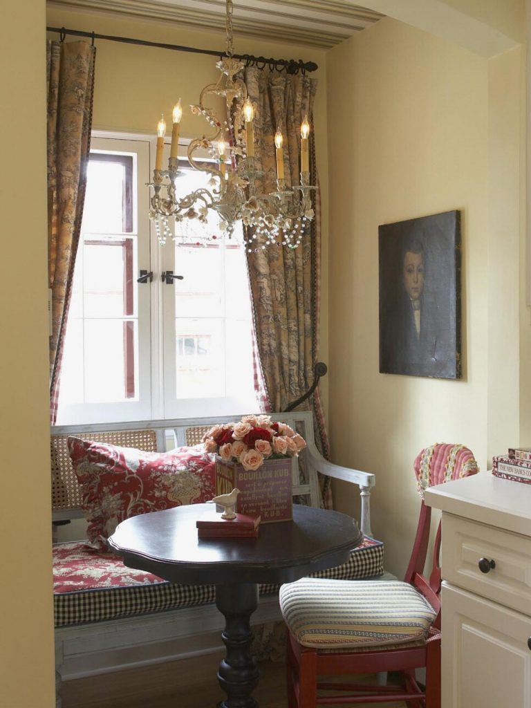 Luxurious Chandelier for Small Corner in French Country Inspired Homes with Classic Table and Comfy Chair