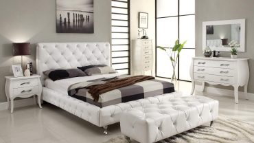Luxurious Tufted Bed beside White Bench for Gorgeous Snooze Bedroom Suites with White Furniture
