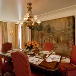Magnificent Wall Art in Traditional Dining Room Design Ideas with Laminated Oak Table and Red Chairs