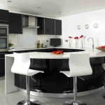 Mesmerizing Black Cabinets on White Backsplash for Small Modern Kitchen Design Ideas with Curved Bar Counter