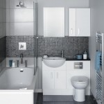 Mesmerizing Grey Tile Details in Small Bathroom Design Ideas with White Vanity and Cabinet