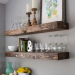 Minimalist Floating Wooden Shelves using DIY Dining Room Storage Ideas above Oak Cabinet on Grey Painted Wall