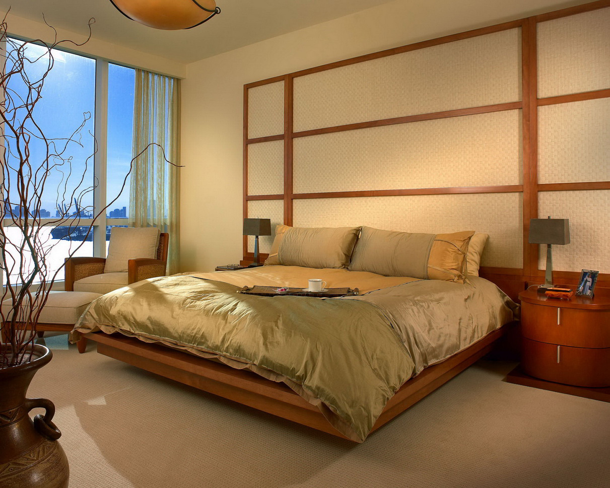 Minimalist Teak Bed between Oak Nightstands on Grey Flooring inside Fantastic Master Bedroom Design Ideas