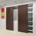 Minimalist Teak Sliding Closet Doors Ideas for Planted Closet with White Shelves and Simple Drawers