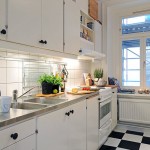Minimalist White Floating Cabinets in Swedish Kitchen Design Ideas with Tile Backsplash and Long Counter