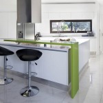 Modern Black Stool facing White Counter and Green Bar inside Small Modern Kitchen Design Ideas