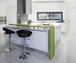 Modern Black Stool facing White Counter and Green Bar inside Small Modern Kitchen Design Ideas