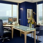Modern Office Room using Blue Interior Design Ideas with Stylish Desk and Chairs on Blue Carpet