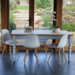 Modern White Chairs and Simple Teak Table as Farmhouse Style Furniture for Minimalist Dining Area