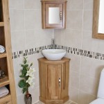 Natural Oak Shelves and Small Corner Bathroom Cabinet beside Grey Tile Wall and White Decorative Flowers