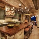 Rustic Oak Island for Tuscan Kitchen Design Ideas with Old Fashioned Stools under Brick Celing