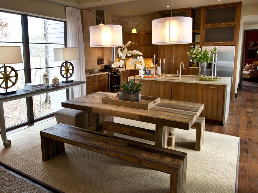 Sensational Lighting above Natural Benches and Farmhouse Style Dining Table beside Open Wooden Kitchen