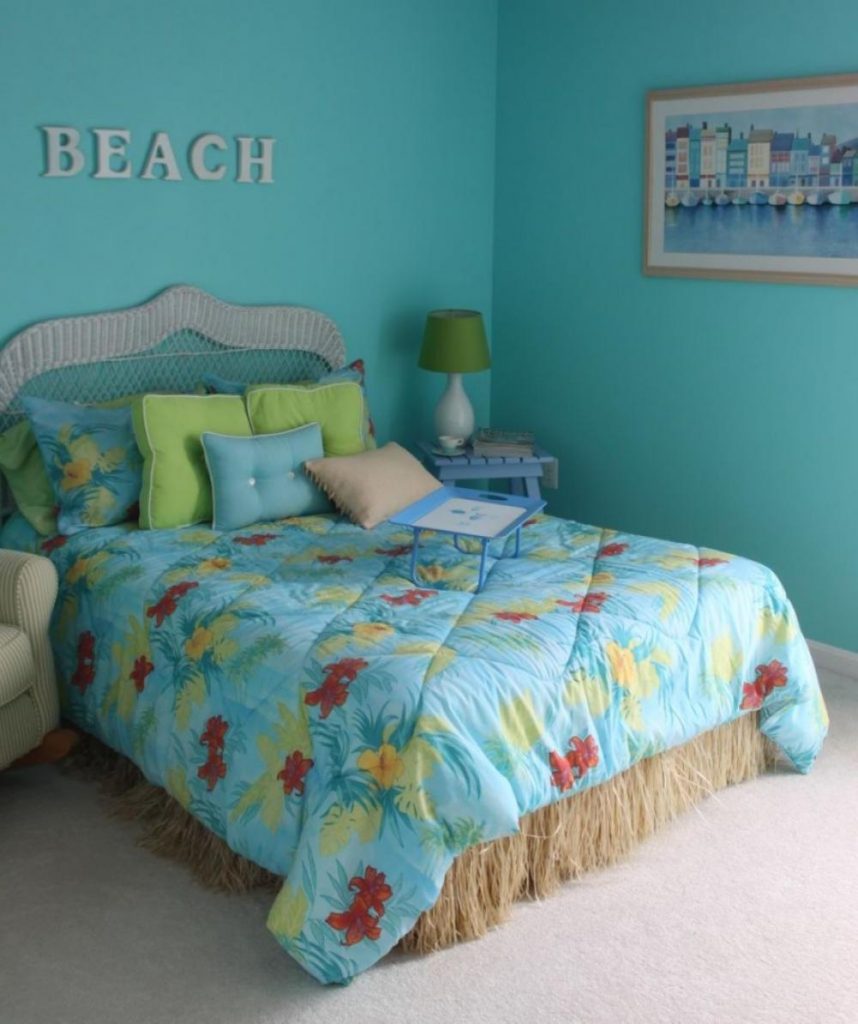 Simple Blue Painted Wall for Beach Bedroom Themes with Unique Bed and Blue Bedding