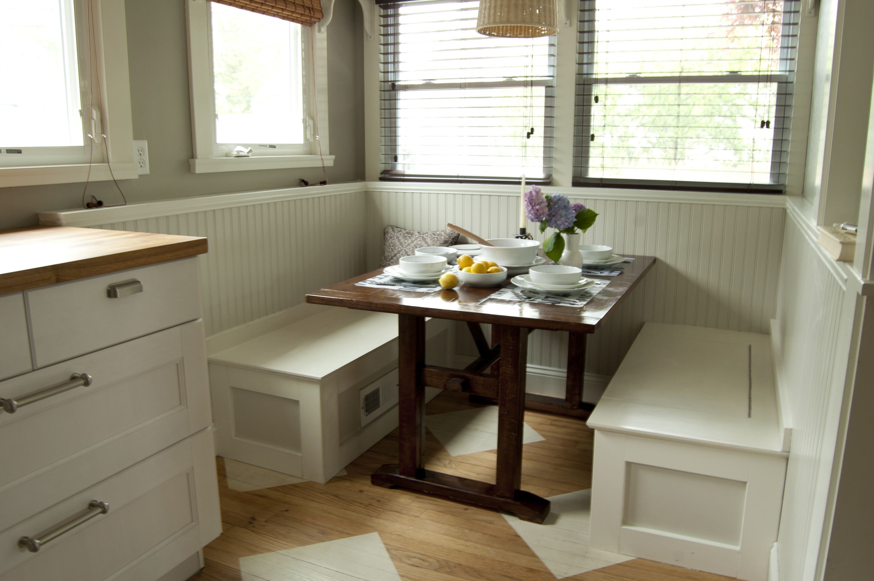 Simple Breakfast Nook using Brilliant DIY Dining Room Storage Ideas with White Benches and Oak Table