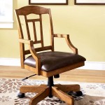Simple Oak Backrest on Antique Wooden Chair Designs with Fluffy Brown Lather Seat and Black Wheels