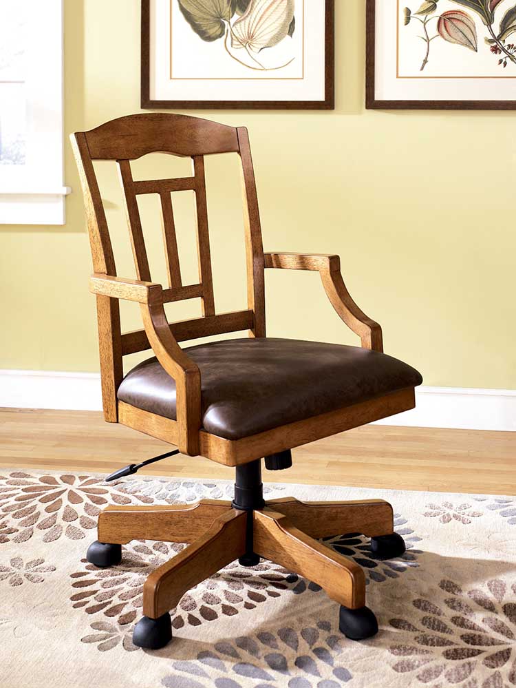 Simple Oak Backrest on Antique Wooden Chair Designs with Fluffy Brown Lather Seat and Black Wheels