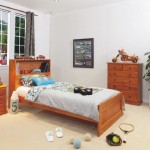 Simple Oak Bed for Snooze Bedroom Suites with Wooden Nightstand and Dresser on Cream Carpet Flooring