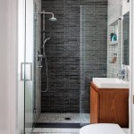 Simple Teak Vanity and White Sink beside Glass Shower Space inside Small Bathroom Design Ideas