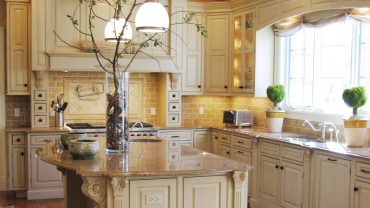 Simple White Counter and Cabinets near Cream Backsplash near Clear Window in Tuscan Kitchen Design Ideas