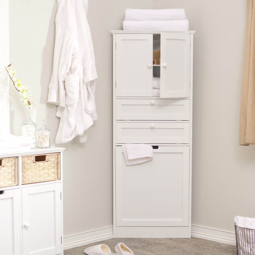 Simple White Vanity and Corner Bathroom Cabinet in Awesome Bathoom with Grey Wall and Flooring