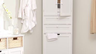 Simple White Vanity and Corner Bathroom Cabinet in Awesome Bathoom with Grey Wall and Flooring