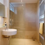 Small Bathroom Design Ideas with Open Shower Area and Floating White Sink on Brown Wall