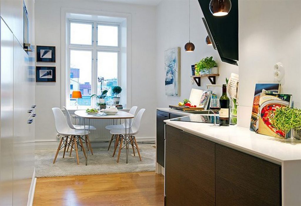 Small Dining Area near Swedish Kitchen Design Ideas with Dark Counter and White Countertop